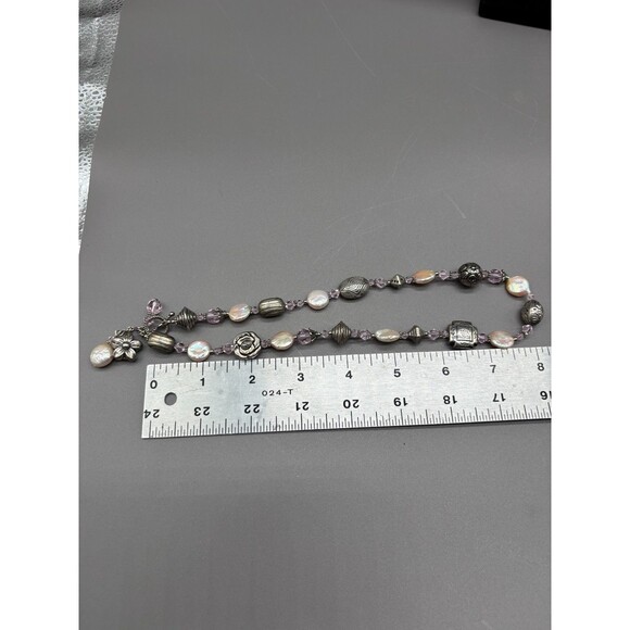 Artisan Silver Plated Bead Necklace Coin Pearl Pink Crystal Floral Toggle Clasp - Picture 9 of 9